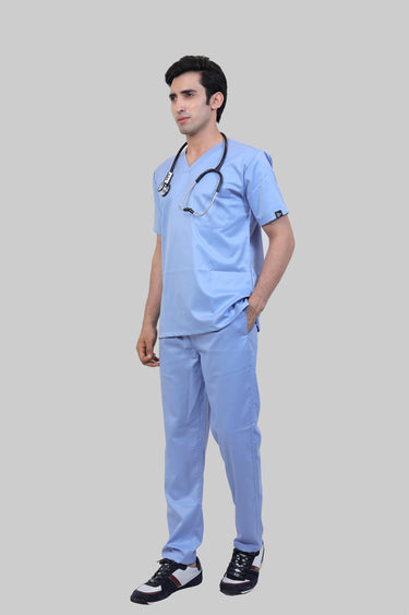 Stretchable (2Way) Male Light Blue V-Neck With Straight Pant Scrub Set