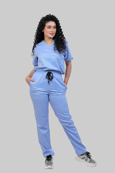 Stretchable (2Way) Female Light Blue V-Neck With Straight Pant Scrub Set