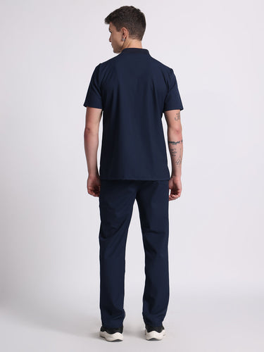 Stretchable (4Way) Navy Blue Men Flex Zip Neckline Top With Straight Pants