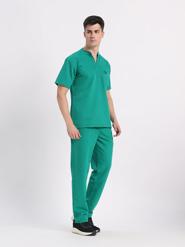 Stretchable (4Way) Men Sea Green Mandarin Neck with Straight Pant Scrub Set