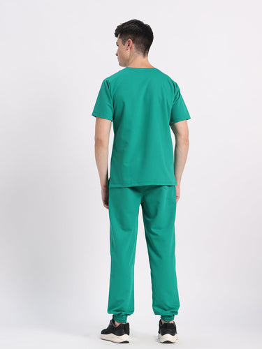Stretchable (4Way) Men Sea Green V-Neck With Jogger Scrub Set