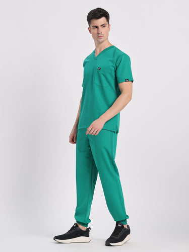Stretchable (4Way) Men Sea Green V-Neck With Jogger Scrub Set
