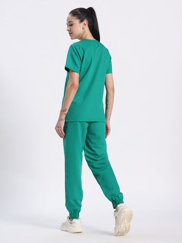 Stretchable (4Way) Women Sea Green V-Neck With Jogger Scrub Set
