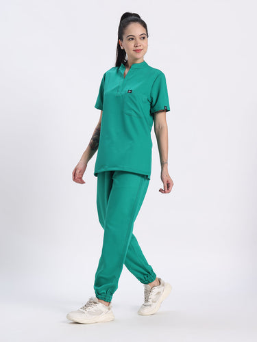 Stretchable (4Way) Women Sea Green Mandarin Neck With Jogger Scrub Set