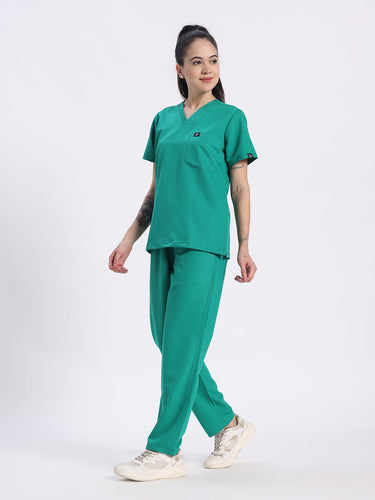 Stretchable (4Way) Women Sea Green V-Neck With Straight Pant Scrub Set