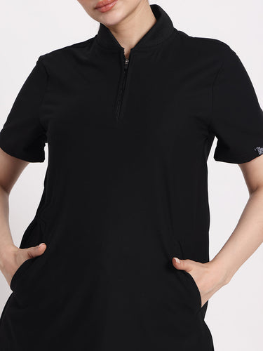 Stretchable (4Way) Black Women Flex Zip Neckline Top With Straight Pants