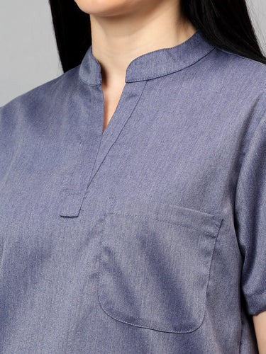 Stretchable (2Way) Female Denim Blue Textured Mandarin Neck Scrub Top
