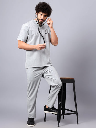 Stretchable (4Way) Men Light Grey Mandarin Neck with Straight Pant Scrub Set