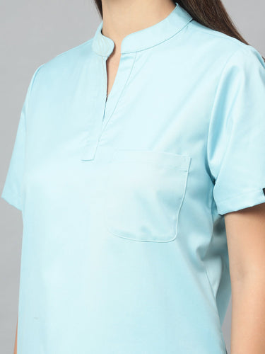 Stretchable (2Way) Female Aqua Blue Mandarin Neck With Jogger Scrub Set