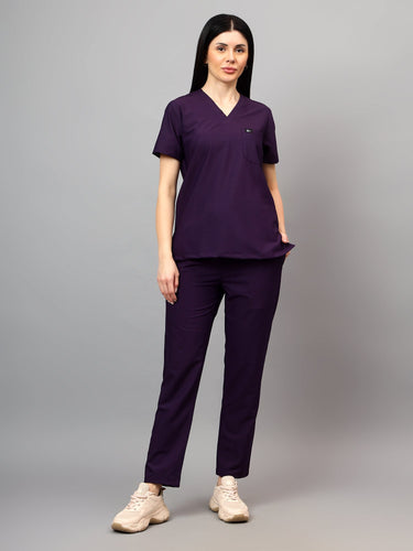 Stretchable (4Way) Female Violet V-Neck With Straight Pant Scrub Set
