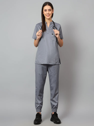 Stretchable (2Way) Female Graphite Mandarin Neck With Jogger Scrub Set
