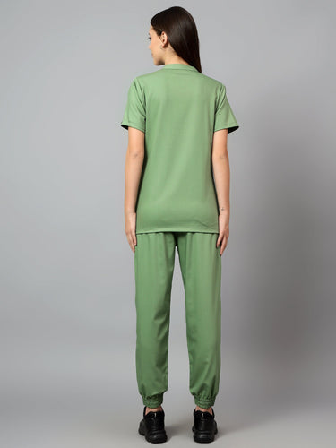 Stretchable (2Way) Female Pista Green Mandarin Neck With Jogger Scrub Set