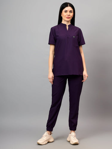 Stretchable (4Way) Female Violet Mandarin Neck With Jogger Scrub Set