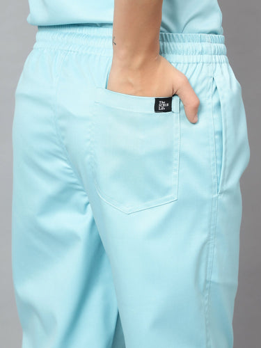 Stretchable (2Way) Female Aqua Blue V-Neck With Jogger Scrub Set