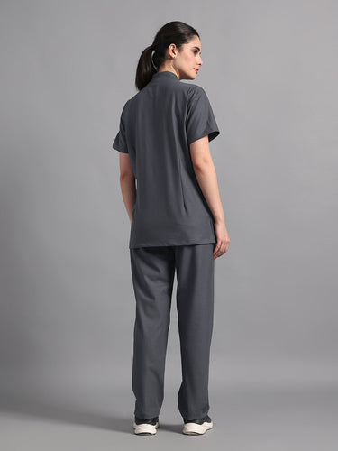 Stretchable (4Way) Charcoal Grey Women Flex Zip Neckline Top With Straight Pants