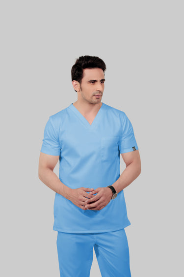 Stretchable (2Way) Male Light Blue V-Neck Scrub Top