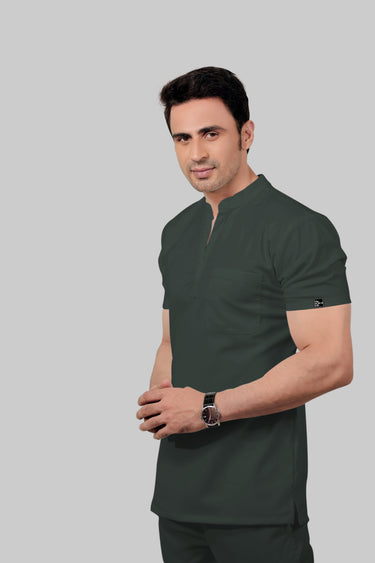Stretchable (2Way) Male Bottle Green Mandarin With Straight Pant Scrub Set