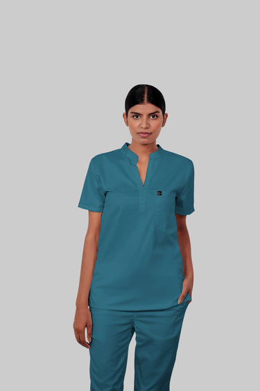 Stretchable (4Way) Female Peacock Blue Mandarin Neck Scrub Top