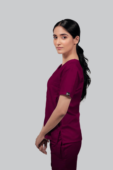 Stretchable (4Way) Female Wine V-Neck With Jogger Scrub Set