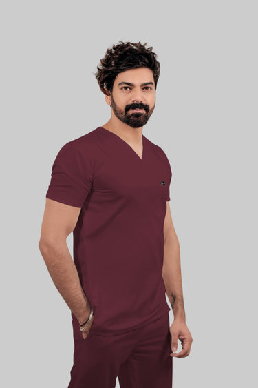 Stretchable (4Way) Male Burgundy V-Neck With Straight Pant Scrub Set