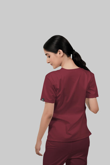 Stretchable (2Way) Female Maroon V-Neck With Jogger Scrub Set