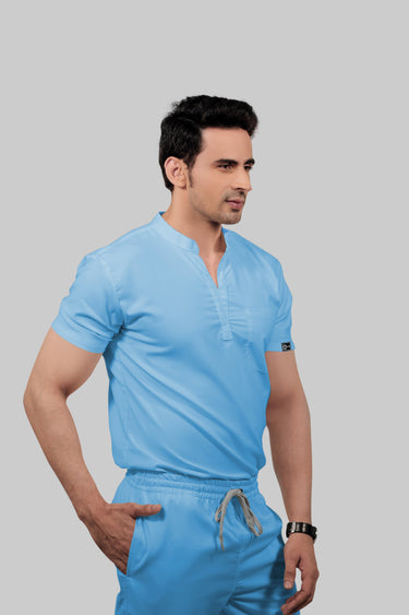 Stretchable (2Way) Male Light Blue Mandarin Neck With Straight Pant Scrub Set