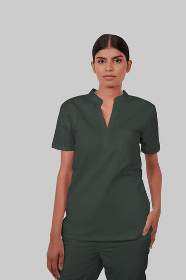 Stretchable (2Way) Female Bottle Green Mandarin With Straight Pant Scrub Set