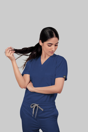 Stretchable (4Way) Female Royal Blue V-Neck With Straight Pant Scrub Set