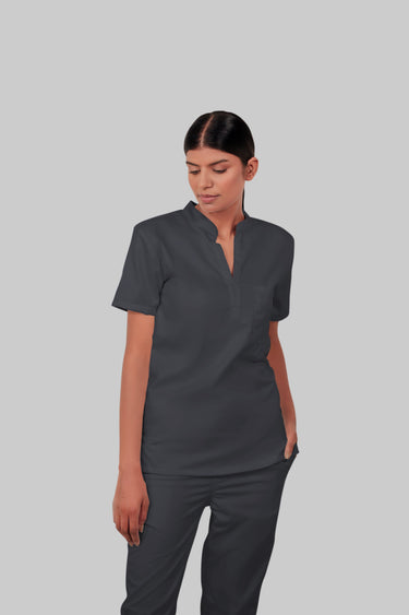 Stretchable (2Way) Female Dark Gray Mandarin Neck With Jogger Scrub Set