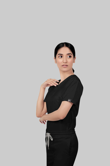 Stretchable (2Way) Female Black V-Neck Scrub Top