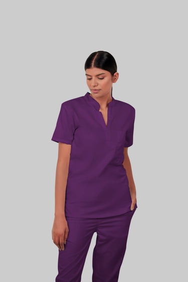 Stretchable (2way) Female Purple Mandarin Neck With Jogger Scrub Set