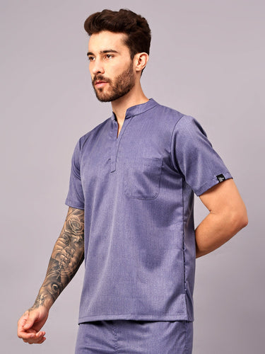 Stretchable (2Way) Male Denim Blue Texture Mandarin Neck With Jogger Scrub Set