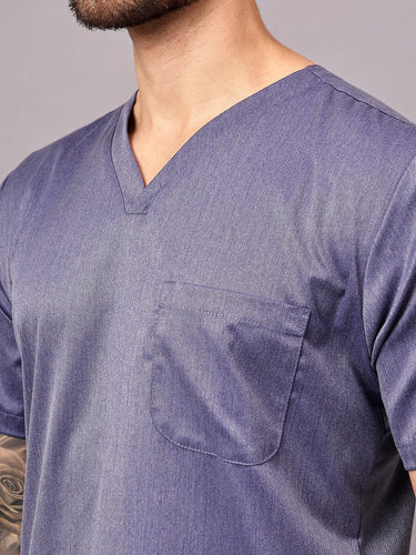 Stretchable (2Way) Male Denim Blue Texture V-Neck With Straight Pant Scrub Set