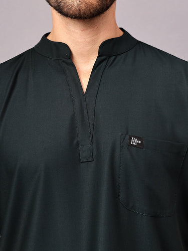 Stretchable (4Way) Men Mid Night Green Mandarin Neck with Straight Pant Scrub Set