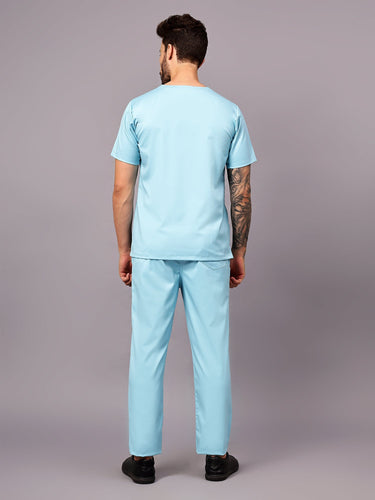 Stretchable (2Way) Male Aqua Blue V-Neck With Straight Pant Scrub Set