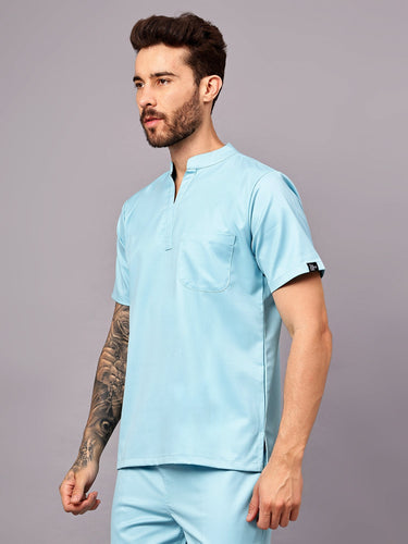 Stretchable (2Way) Male Aqua Blue Mandarin Neck With Straight Pant Scrub Set