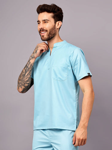 Stretchable (2Way) Male Aqua Blue Mandarin Neck Scrub Top