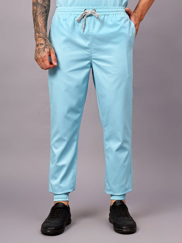 Stretchable (2Way) Male Aqua Blue Mandarin Neck With Jogger Scrub Set