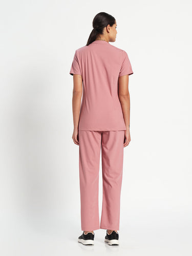 Stretchable (4Way) Women Dusty Pink Mandarin Neck With Straight Pant Set