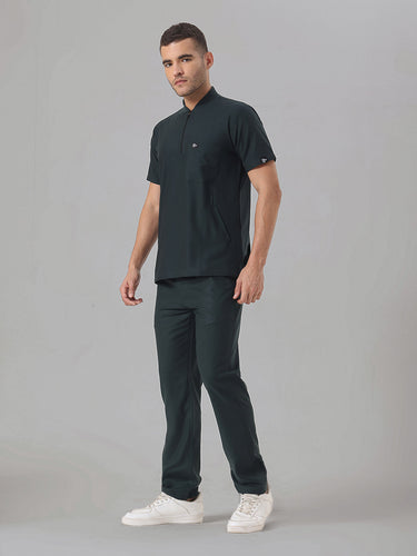 Stretchable (4Way) Midnight Green Men Flex Zip Neckline Top With Straight Pants