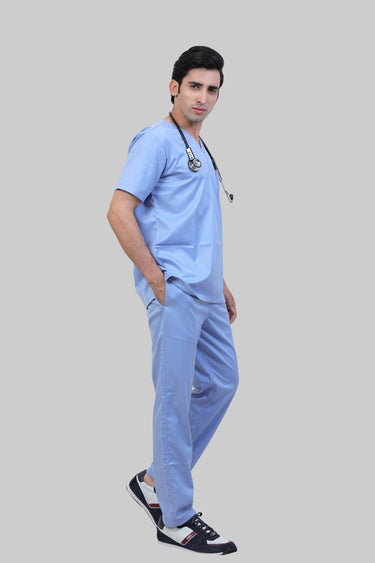 Stretchable (2Way) Male Light Blue V-Neck With Straight Pant Scrub Set
