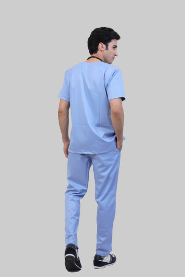 Stretchable (2Way) Male Light Blue V-Neck With Straight Pant Scrub Set