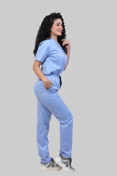 Stretchable (2Way) Female Light Blue V-Neck With Straight Pant Scrub Set