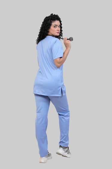 Stretchable (2Way) Female Light Blue V-Neck With Straight Pant Scrub Set