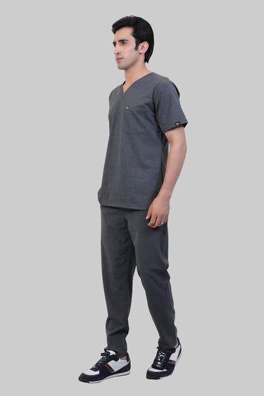 Stretchable (4Way) Male Grey V-Neck With Straight Pant Scrub Set