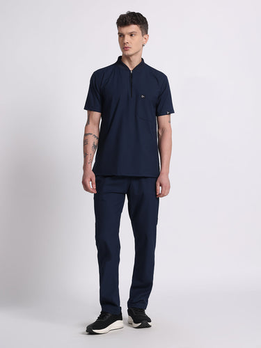 Stretchable (4Way) Navy Blue Men Flex Zip Neckline Top With Straight Pants