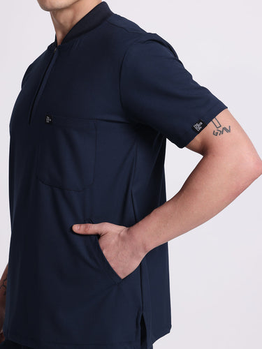 Stretchable (4Way) Navy Blue Men Flex Zip Neckline Top With Straight Pants