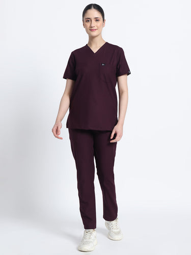 Stretchable (4Way) Female Wine V-Neck Scrub Scrub Top