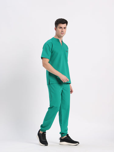 Stretchable (4Way) Men Sea Green Mandarin Neck with Jogger Scrub Set
