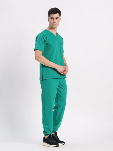 Stretchable (4Way) Men Sea Green V-Neck With Jogger Scrub Set